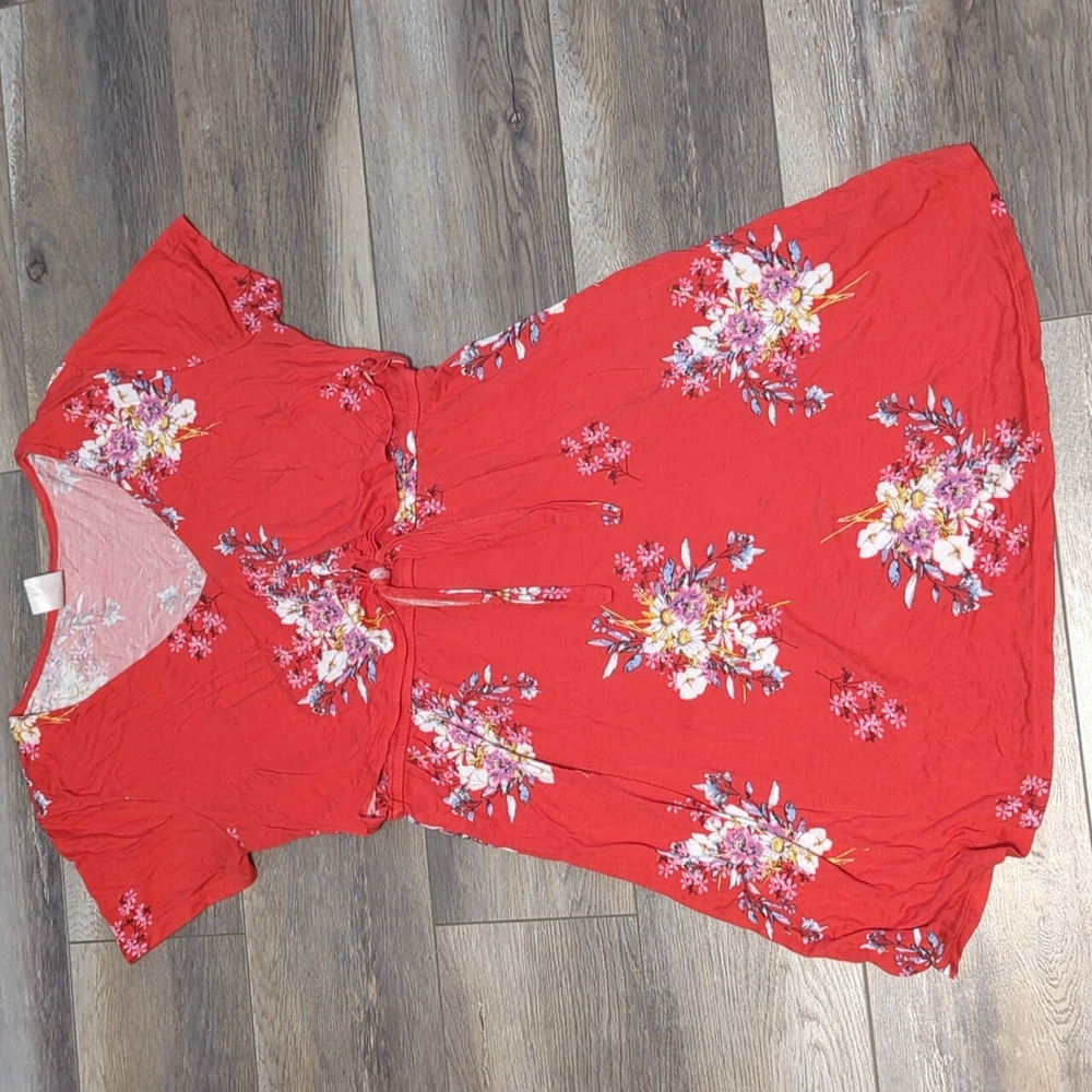Red floral shirt sleeve dress